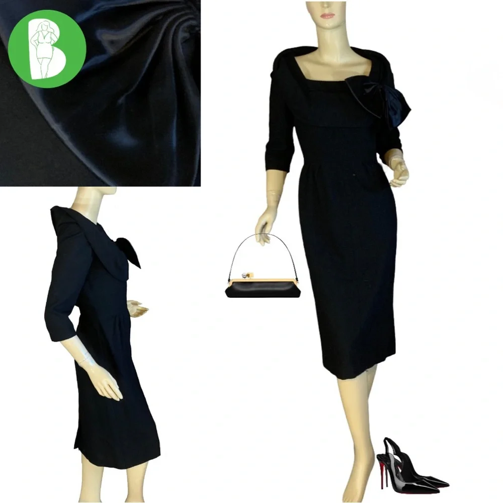 VINTAGE 1960'S CAROL CRAIG BLACK WOOL COCKTAIL WIGGLE DRESS (S) - Picture 2 of 14